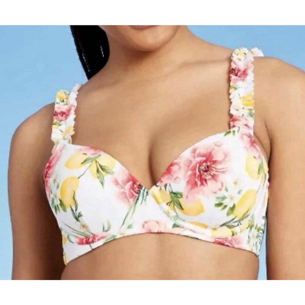 Lightly Lined Ruffle Strap Bikini Top -Shade & Shore White Floral 36C S464 EUC